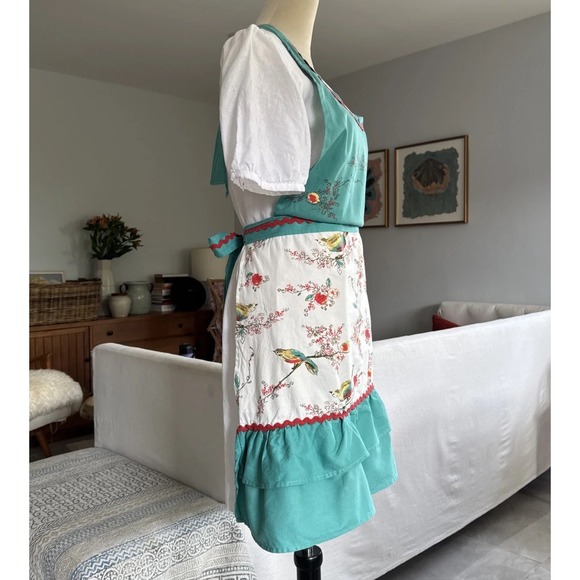 Lenox Apron‎ Birds Floral Turquoise Ruffle Ric Rac Retro Kitchen Cooking - Picture 5 of 12